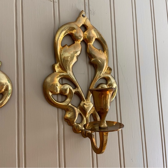 Two BRASS Mid-Century Art Nouveau Candlestick Wall Sconces - Picture 3 of 7